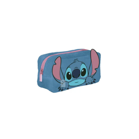 Blue Stitch plush pencil case with pink zipper and cartoon character face design