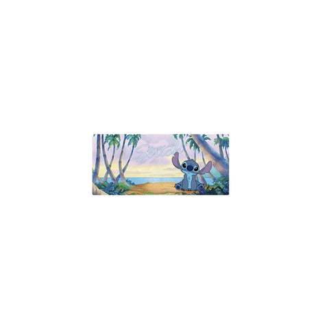 Stitch gaming mat with tropical island background and palm trees, cartoon character design