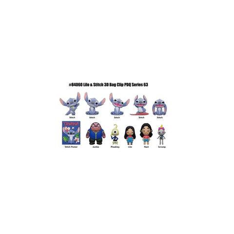 Lilo & Stitch collectible 3D bag clips series with character figures and poster.