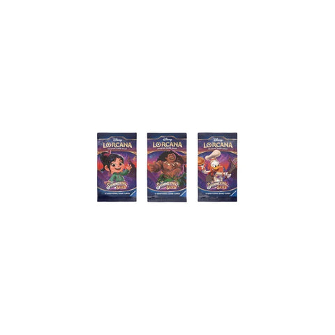 Three Disney Lorcana Shimmering Skies booster card packs with colorful character art
