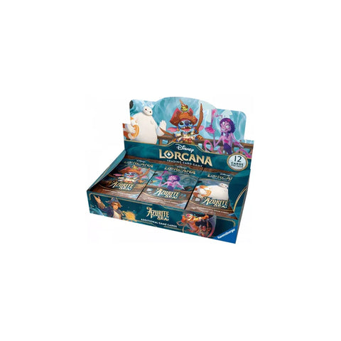Lorcana Azurite Sea booster pack display with Disney characters and trading cards.