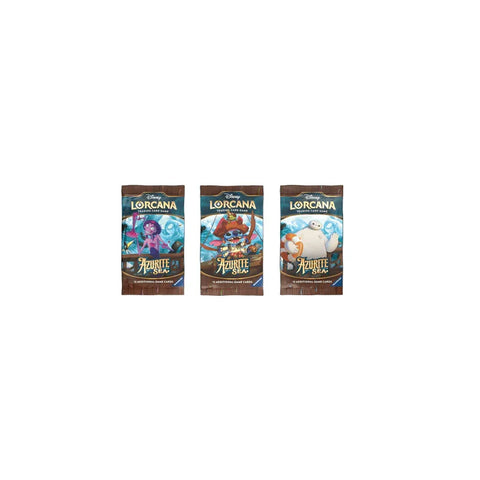 Three Disney Lorcana Azurite Sea trading card game booster packs with character artwork