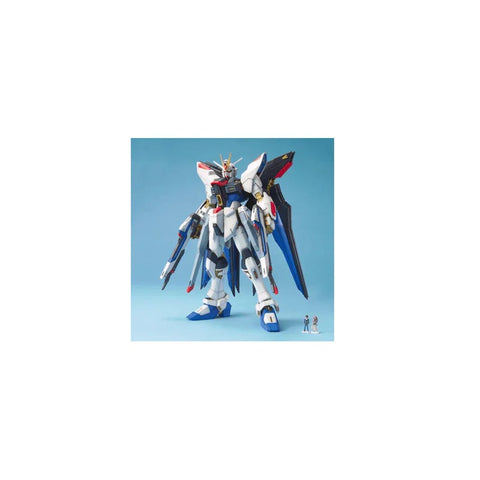 Strike Freedom Gundam model kit with blue, white, and gold armor on a blue background