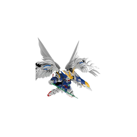 Winged Gundam model kit with blue, white, and yellow armor and large feathered wings