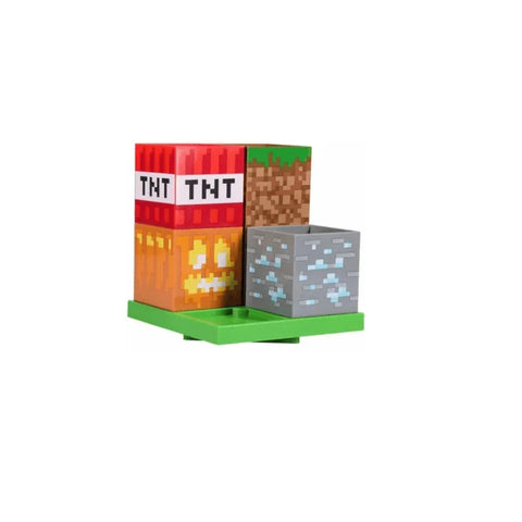 Minecraft desktop organiser featuring TNT, pumpkin, dirt, and diamond block designs on a green base