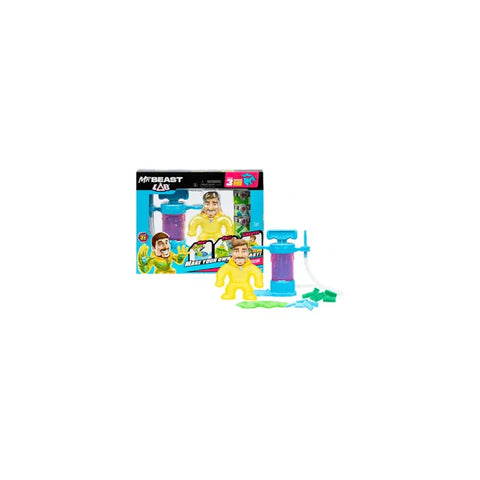 Stretchy hero toy creator pack with lab-themed accessories and colorful packaging.