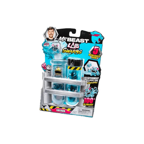Blue Mr Beast Lab Swarms toy pack with micro beast figures and lab accessories in blister packaging