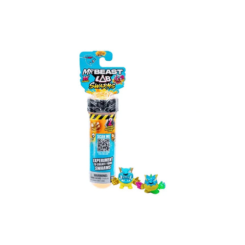 Collectible test tube toy with two colorful monster figures, MrBeast Lab Swarms packaging