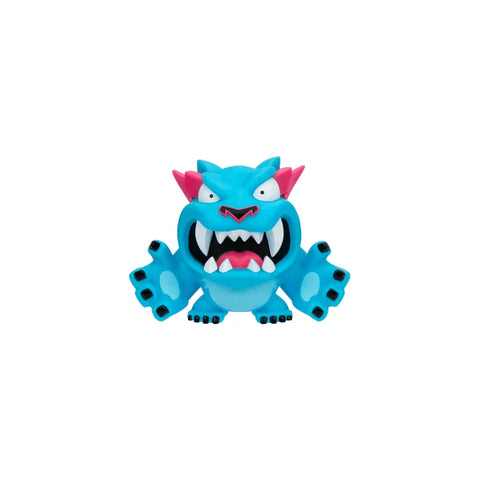 Blue vinyl monster toy figure with claws, sharp teeth, and pink horns collectible