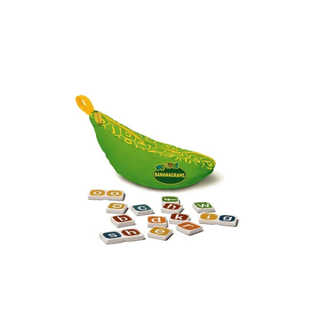 My First Bananagrams game green banana pouch with colorful letter tiles for kids