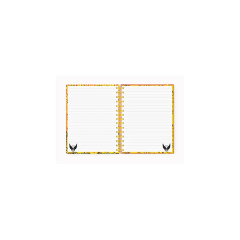 Open spiral notebook with lined pages, yellow border, and Wolverine mask icons at the bottom.
