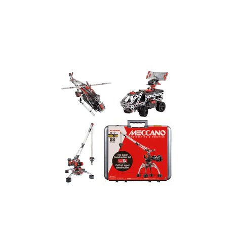 Meccano 25-in-1 construction set with models of a helicopter, vehicle, and crane in metal case