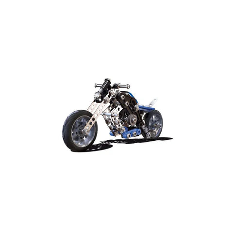 Meccano motorcycle building set toy model with blue and silver parts on white background