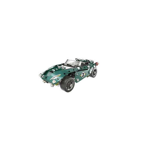 Green Meccano model roadster toy car kit with number 3 on side, assembled and detailed