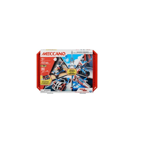 Meccano maker's toolbox construction set box with model vehicles and Eiffel Tower for ages 10+