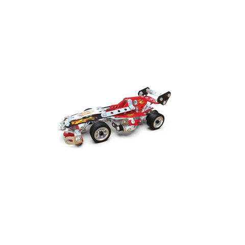 Multi-model metal toy racing car with red accents and detailed assembly, on white background