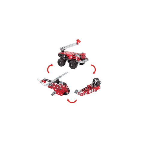 Metal construction toy set with red and silver rescue vehicle, helicopter and boat models