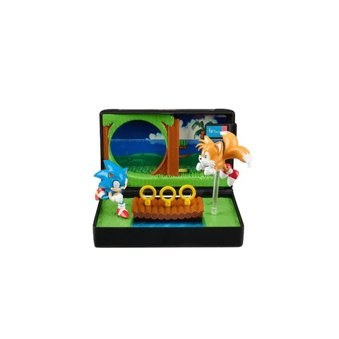 Sonic the Hedgehog and Tails collectible diorama with rings and Emerald Hill Zone backdrop