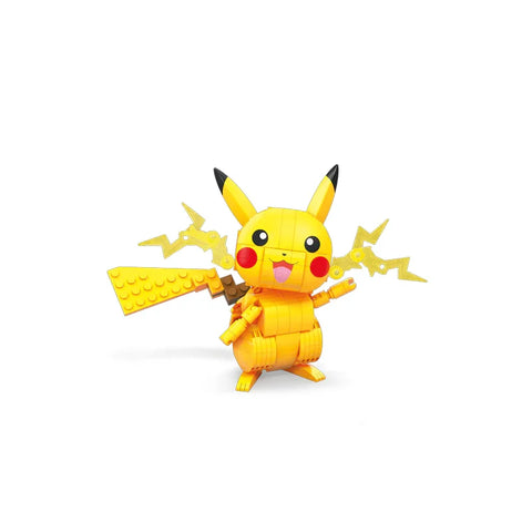 Yellow building block Pikachu toy figure with lightning details on a white background