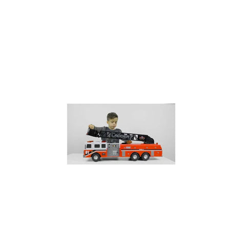 Child playing with large toy fire engine truck featuring extendable ladder and realistic details