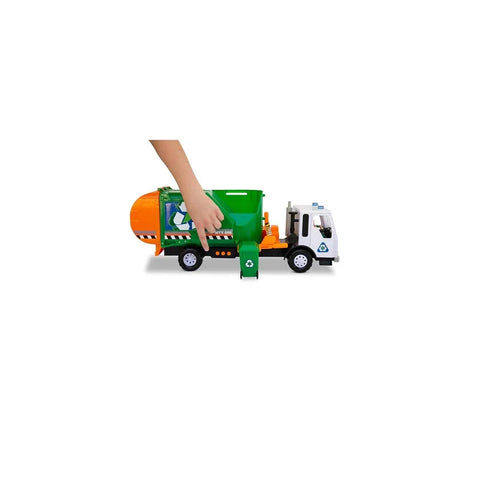 Toy garbage truck with green recycling bin, child's hand interacting, kids toy vehicle