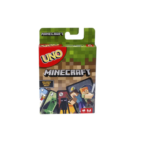Minecraft Uno card game pack featuring Minecraft-themed cards and characters
