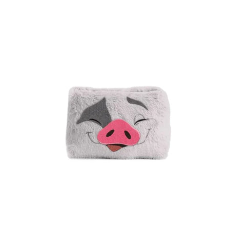 Plush grey pencil case with cute pig face embroidery, inspired by Moana Pua character.