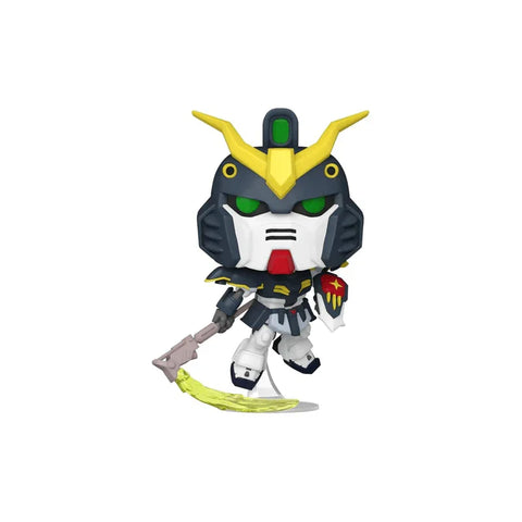 Chibi Gundam Deathscythe collectible toy figure holding a yellow scythe, white background