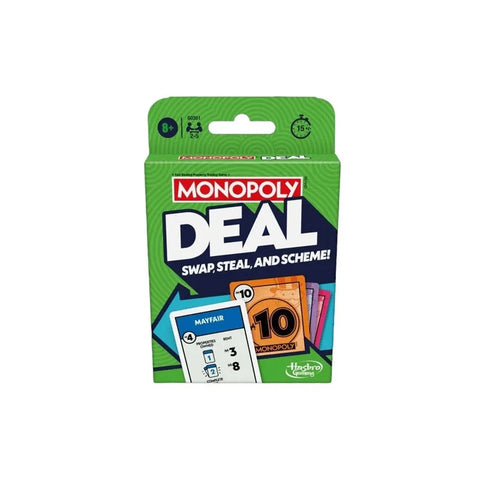 Monopoly Deal card game box featuring colorful cards and bold game branding
