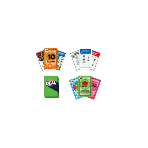 Monopoly Deal card game cards spread out, featuring action, property, and money cards.