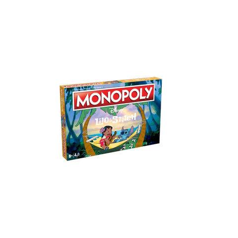 Monopoly Lilo & Stitch board game box featuring Lilo and Stitch on a hammock, family game
