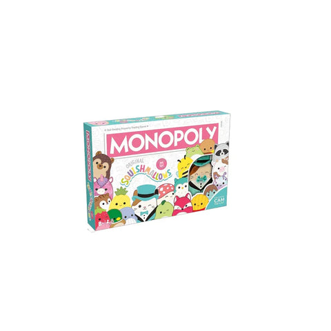 Monopoly Squishmallows Edition board game box featuring colorful Squishmallows characters
