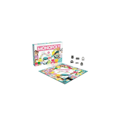 Monopoly Squishmallows Edition board game set with colorful box, board, and game pieces