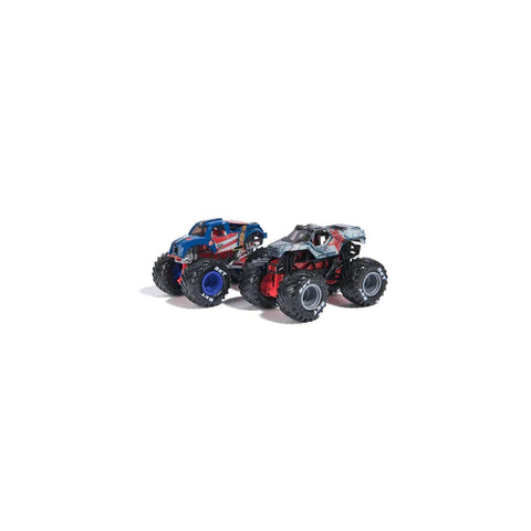 Two Marvel-themed monster truck toys, Captain America and Winter Soldier, on white background