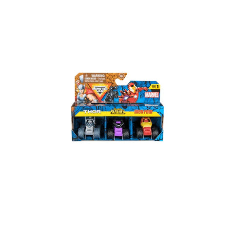 Marvel Monster Jam mini trucks toy pack featuring Thor, Black Panther, and Iron Man.