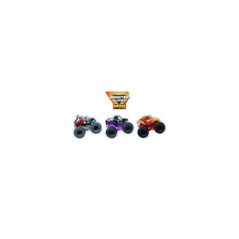 Monster Jam Mini toy monster trucks set with three colorful mini trucks on white background