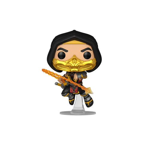 Mortal Kombat Scorpion Funko Pop vinyl figure with gold mask and flaming spear