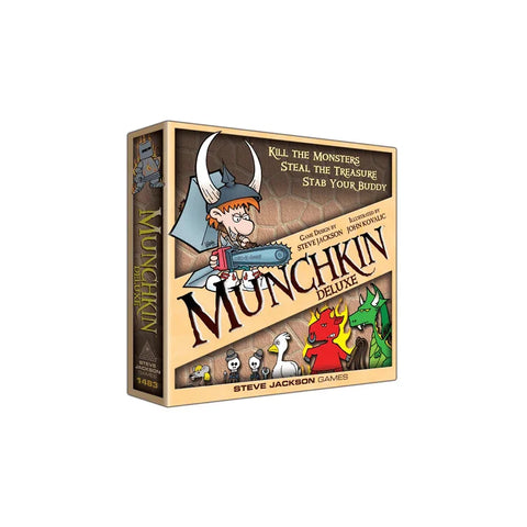 Munchkin Deluxe board game box featuring cartoon character with sword and fantasy creatures