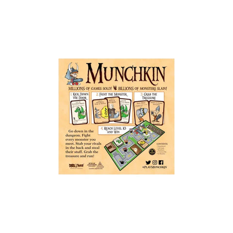 Munchkin card game box with illustrated dungeon, cards, and gameplay instructions