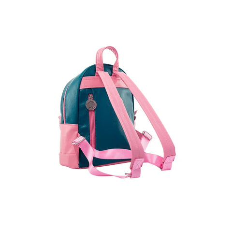 Pink and teal fashion backpack with adjustable straps and zipper, isolated on white background.