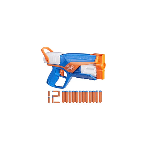 Blue and orange foam dart toy blaster with 12 foam darts displayed below