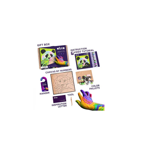 Paint by numbers panda clay art kit with canvas, color pallets, tools, and instructions.