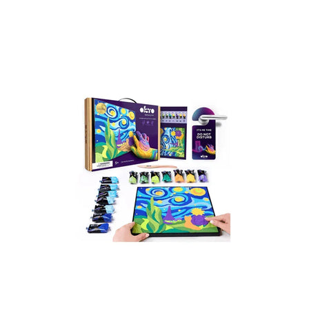 Paint by numbers kit with clay, depicting a starry night scene and crafting tools.
