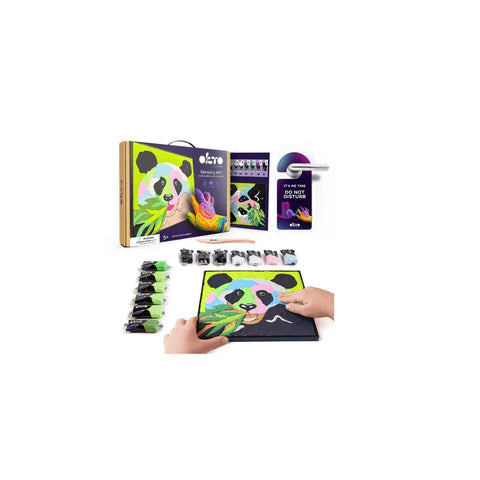 Paint by numbers panda art kit with colored clay, paints, tools, and packaging for kids