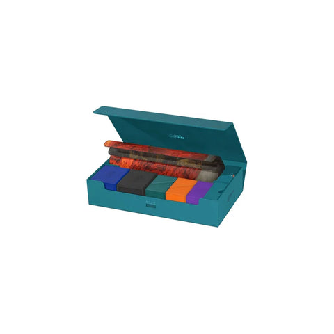 Teal storage case for trading cards with organized colorful card deck boxes and playmat