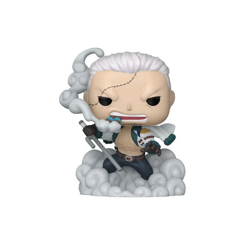 Anime collectible figure with white hair, scars, and smoke effects, holding a weapon.