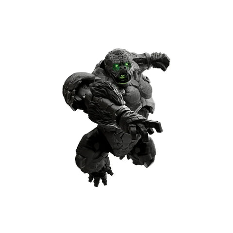 Black robotic gorilla action figure with glowing green eyes on white background