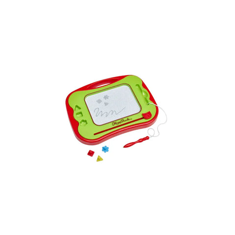 Travel size Magna Doodle drawing board toy with stylus and shape stampers, red and green