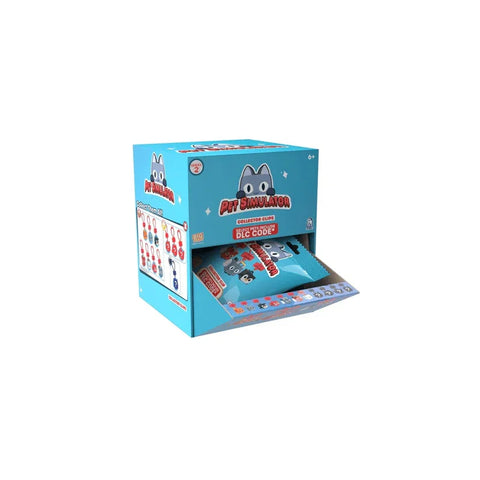 Pet Simulator Series 2 blind box display with collector clips and DLC code packaging
