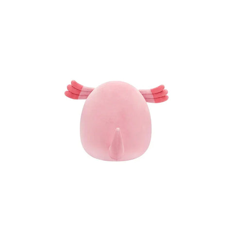 Back view of a pink Chansey plush toy with outstretched striped wings, white background